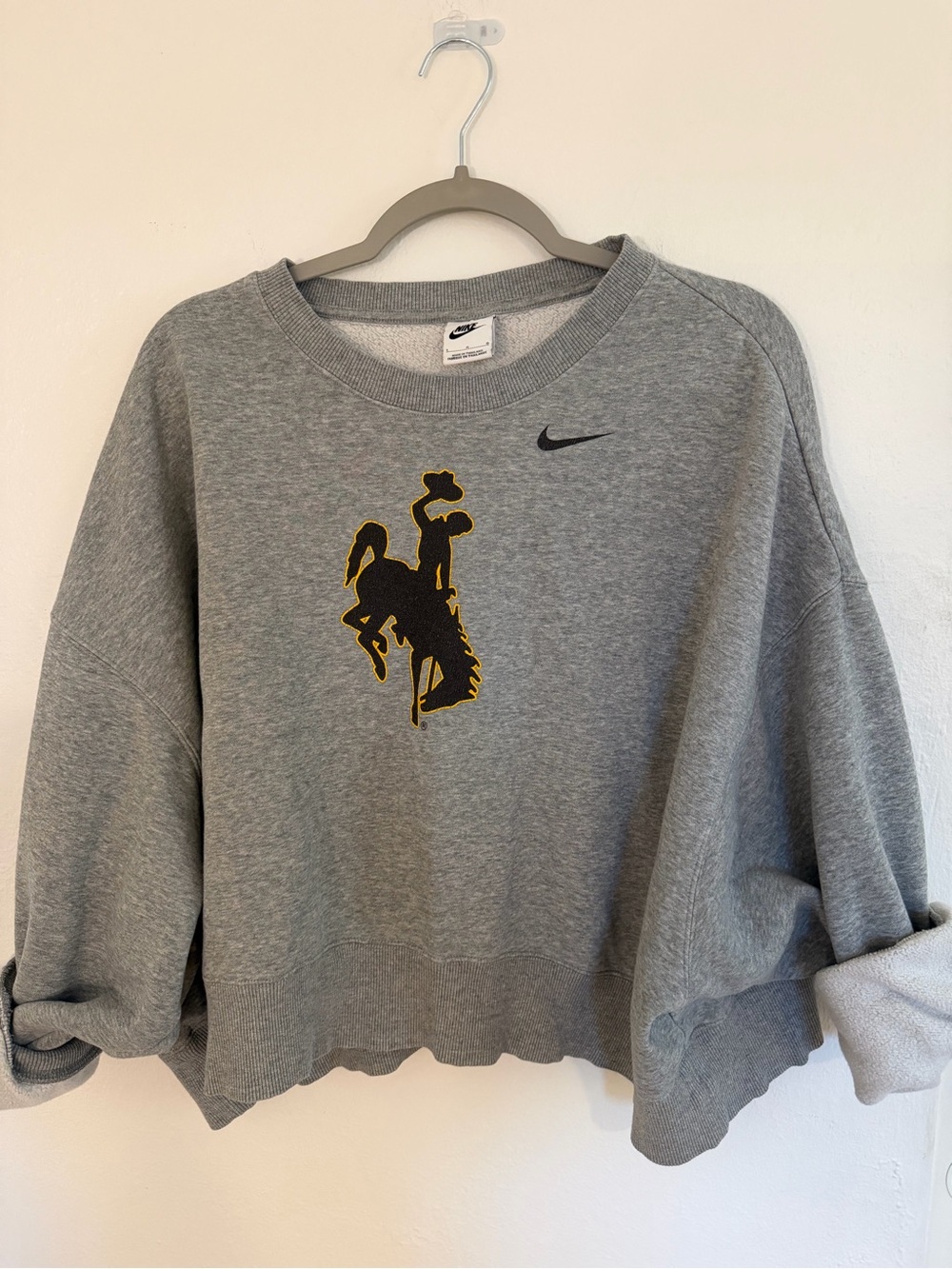 Nike Women's Gray Cropped Crewneck Sweatshirt with Wyoming Bucking Horse Logo